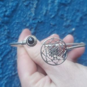 New Black Onyx Sri Yantra Silver Cuff Bracelet.
